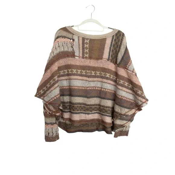 Free People December Skies Alpaca Wool Poncho Sweater Patchwork Boho Sz M Aztec - Picture 15 of 16
